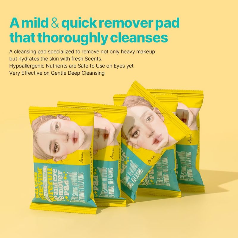 Ariul A Mild&amp;Quick Lip &amp; Eye Make Up Remover Pads for waterproof makeup, Double-Sided Pads, Stress Relieving Purefull Remover Pads 90 Counts (Pack of 3)