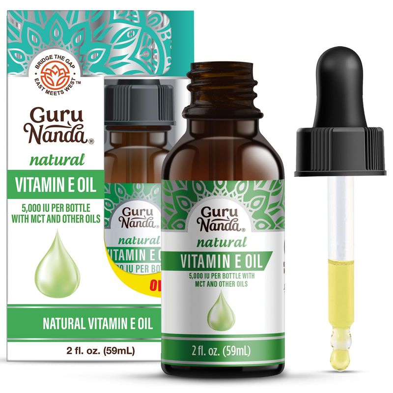 GuruNanda Vitamin E Oil (2 Fl Oz) - Pure &amp; Natural, 5,000 IU per Bottle for Skin, Hair, Face, Nails &amp; Scars - With Coconut Oil to Help Nourish &amp; Moisture - Non-GMO &amp; Vegan