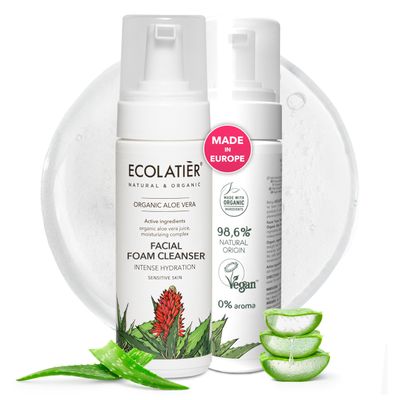 ECOLATIR Facial Foam Cleanser Intense Hydration Organic Aloe Vera - 98.6% Natural, Vegan, Gentle Face Wash for Women, Hydrating for Sensitive Skin, 5.1 Fl Oz