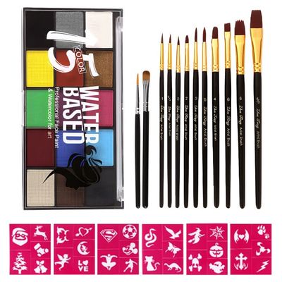 Face Painting Kit with Stencils, 15 Colors Water Based Painting Palette 12 Brushes and 6 Stickers Body Paint Face Makeup for Halloween Carnivals Cosplay Party Stage Performances