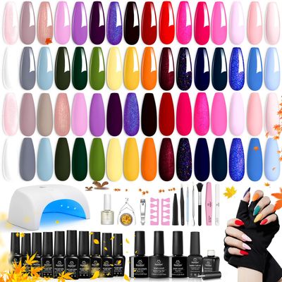 Beetles Gel Nail Polish Kit with Uv Light 53 Pcs Christmas Gift for Women 32 Colors Red Blue Glitter Gel Polish Set Base Top Coat Cuticle Oil and Builder Blooming Gel
