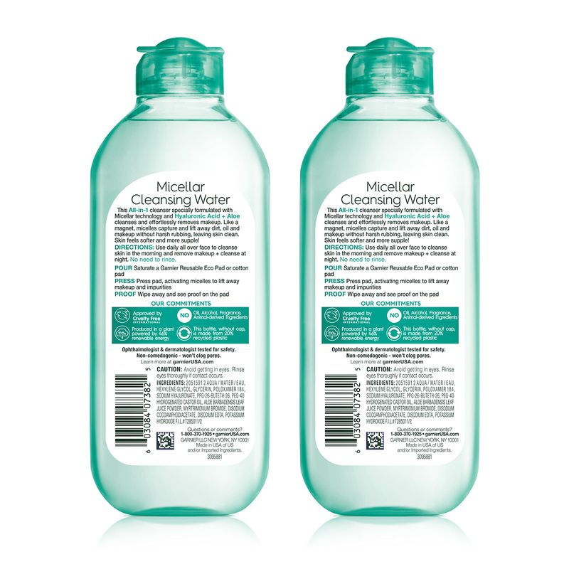 Garnier Micellar Water with Hyaluronic Acid, Facial Cleanser &amp; Makeup Remover, Hydrating and Plumping, For All Skin Types, Vegan, Cruelty Free, 13.5 Fl Oz (400mL), 2 Count