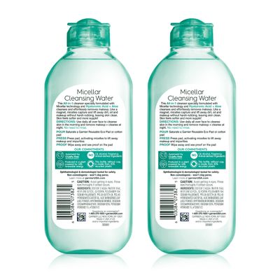 Garnier Micellar Water with Hyaluronic Acid, Facial Cleanser &amp; Makeup Remover, Hydrating and Plumping, For All Skin Types, Vegan, Cruelty Free, 13.5 Fl Oz (400mL), 2 Count