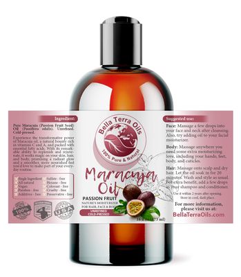Bella Terra Oils - Maracuja Seed Oil 16oz - Cold-Pressed Purity from Passion Fruit Seeds, Infused with Essential Minerals & Fatty Acids, A Beacon for Skin Care Enthusiasts