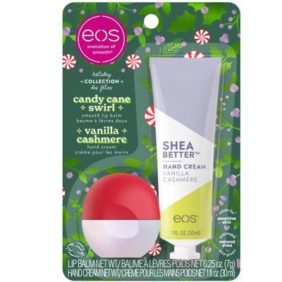 EOS Limited Edition Holiday Collection- Candy Cane Swirl Lip Balm &amp; Vanilla Cashmere Hand Cream, 24-Hour Hydration, 2-Pack, Clear