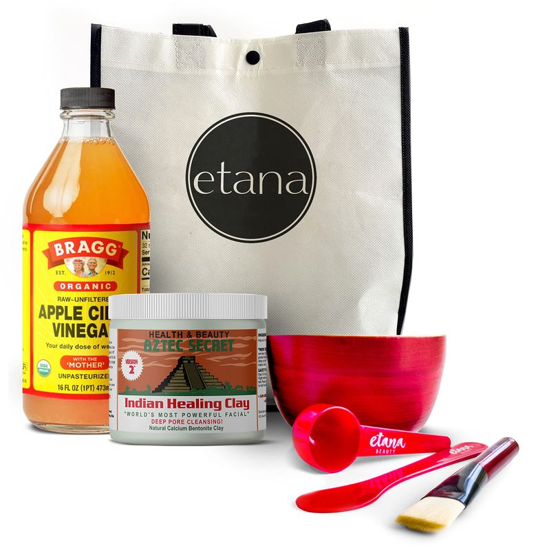 Aztec Secret Aztec Clay Premium Mask Set by Etana Beauty - All-In-One Kit Includes 1lb Indian Healing Clay, 16oz Bragg&#39;s Apple Cider Vinegar, Natural Bamboo Bowl, Stir, Scoop, Brush &amp; Tote