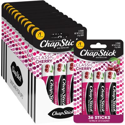 ChapStick Lip Balm, Classic Cherry 3-Packs (12 Sets/36 Tubes) - Bulk Lip Care, Fruity &amp; Sweet, 0.15 Oz Ea