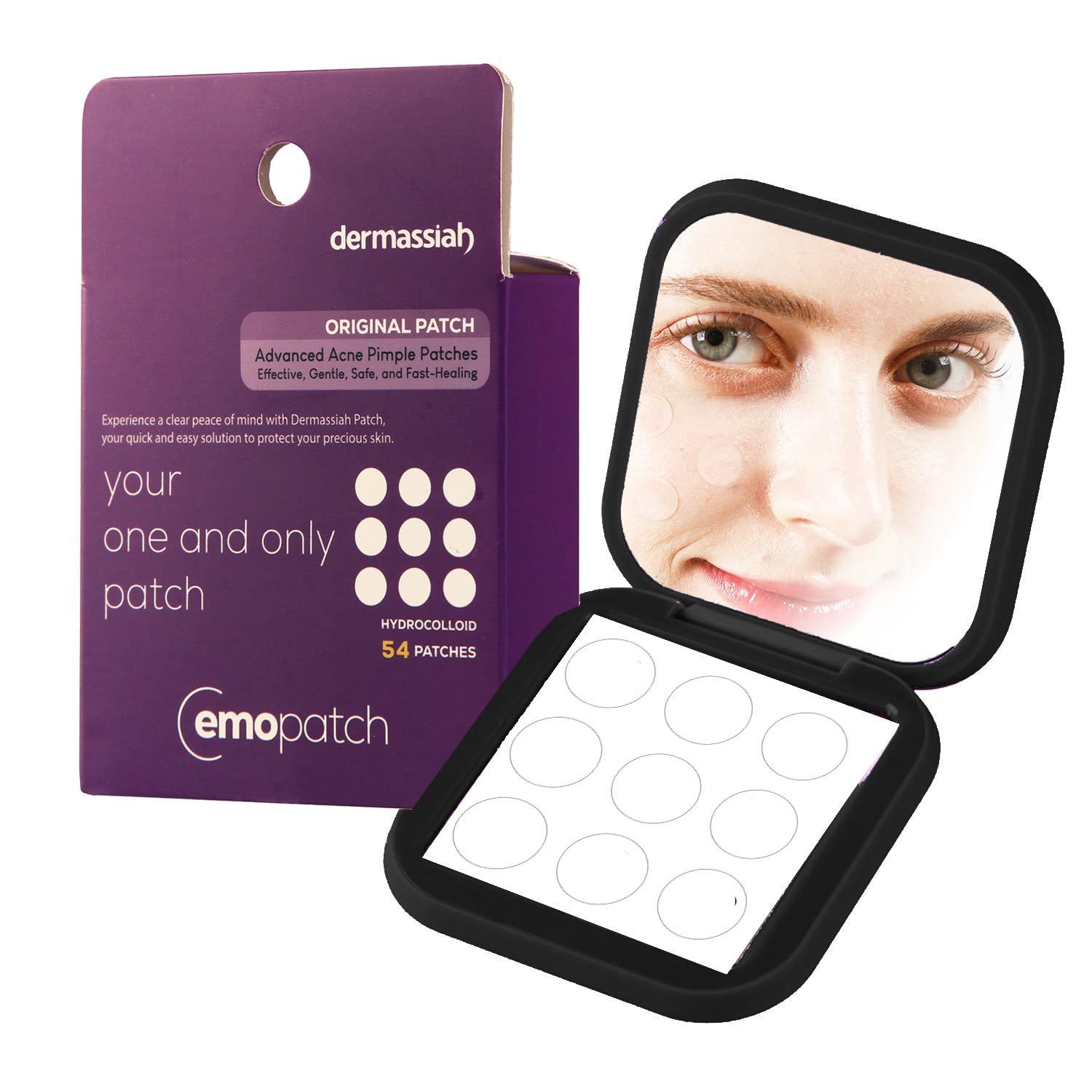 EMO PATCH Acne Pimple Patches for Face 54 Count with Mirror Case for Day &amp; Night Use - Hydrocolloid Pimple Pads, Emoji-Themed Blemish Dots, Clear Skin Treatment (Original)