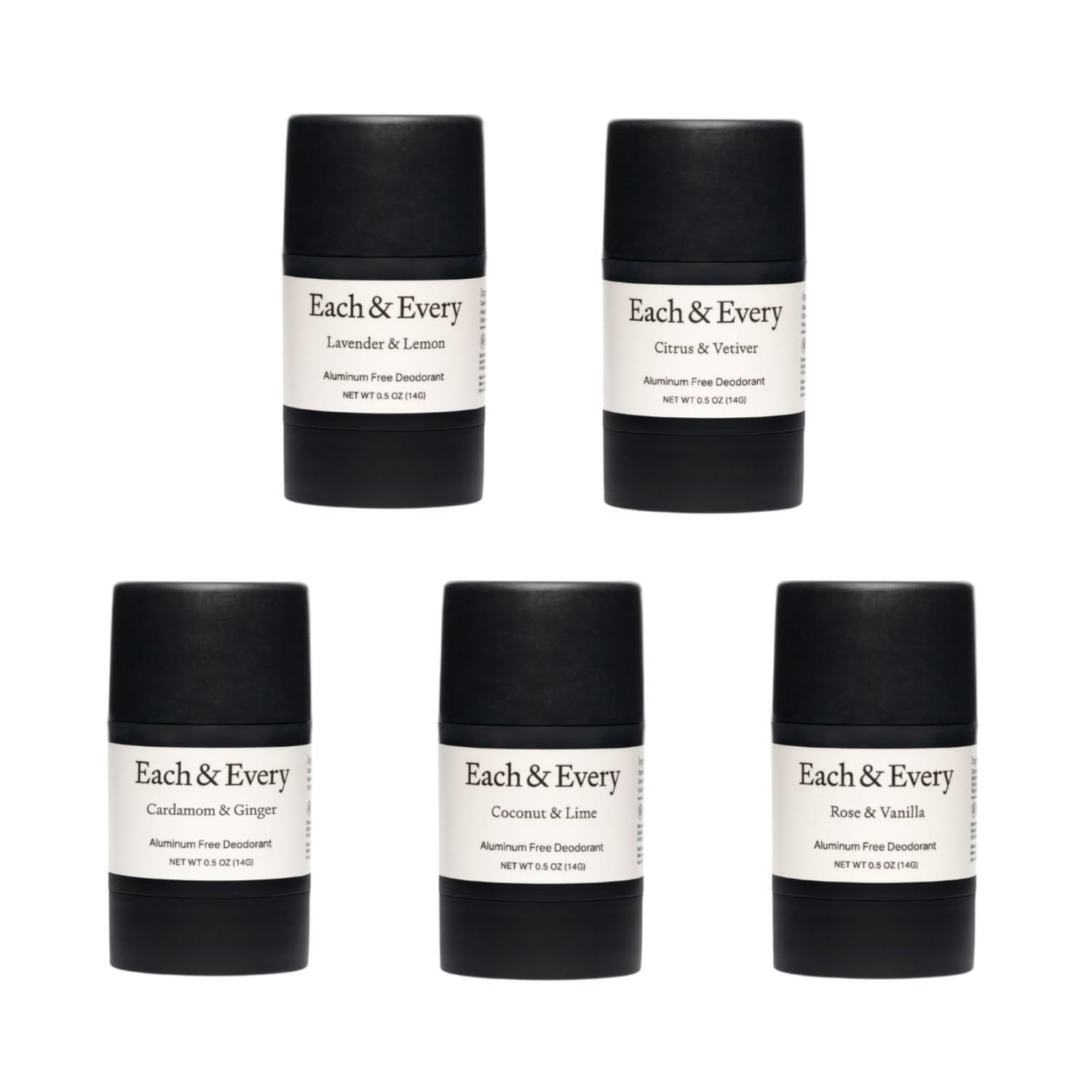 Each &amp; Every All Natural Deodorant - Aluminum Free Deodorant for Women &amp; Men - The Mini Starter Set - Sensitive Skin Friendly Multipack with All Our Best Sellers - Travel Size (5 Pack, 0.5 Oz Each)