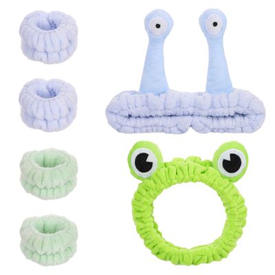 BOXOB 2pcs Skincare Headbands &amp; 4pcs Spa Wristbands, Frog Headband &amp; Snail Headband Puffy Makeup Headband Cartoon Face Wash Head Band Flannel Elastic Hair Accessories for Face Washing Shower Sports