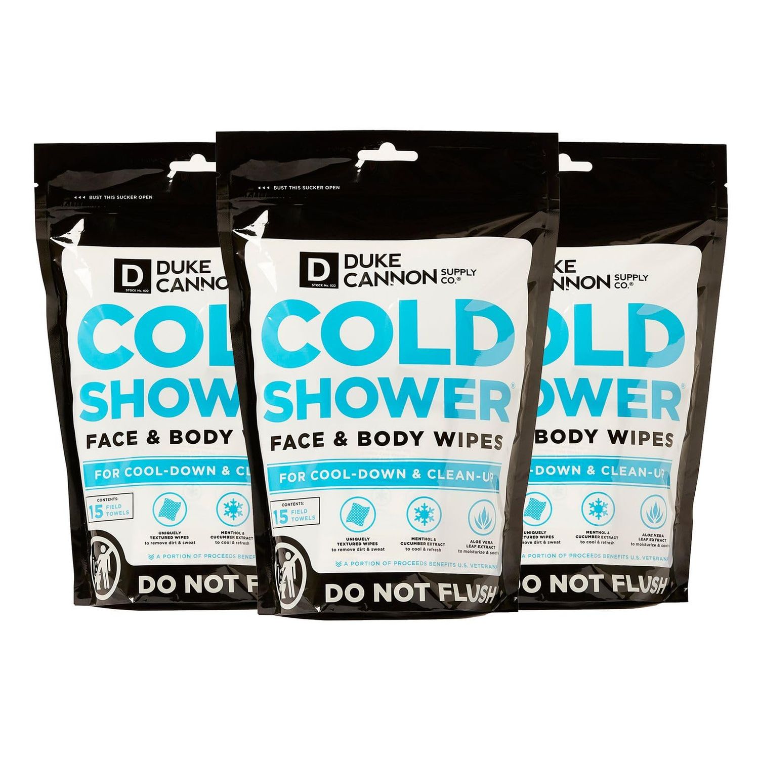 Duke Cannon Cold Shower Cooling Field Towels - 45 Pack, Menthol-Infused for Instant Cooling, Aloe, Jojoba &amp; Chamomile, Individually Wrapped for Freshness