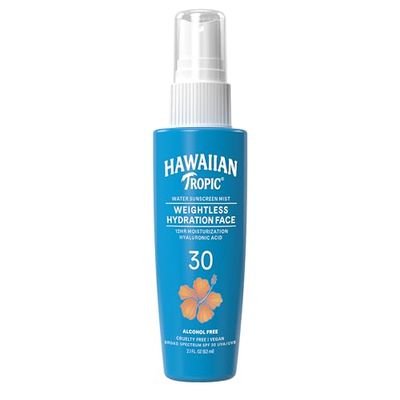 Hawaiian Tropic Weightless Hydration Water Mist for Face SPF 30 | Winter Vacation Essentials, Winter Sports Skin Sun Protection, Travel Size Sunscreen for Dry Skin Face, 2.1oz