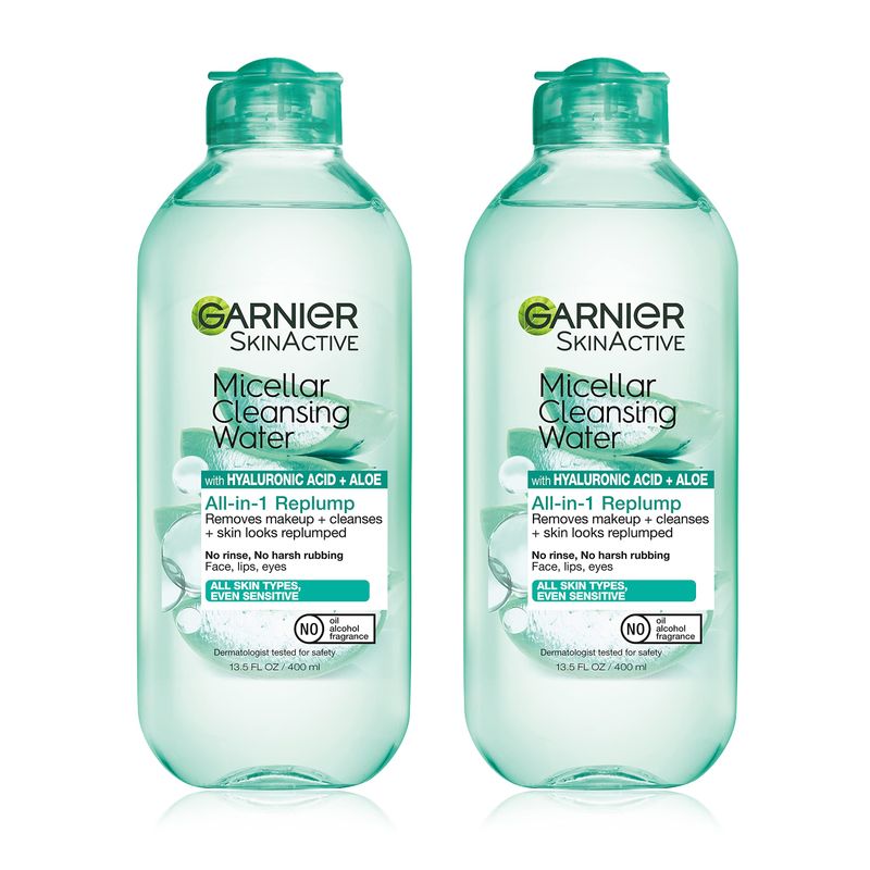 Garnier Micellar Water with Hyaluronic Acid, Facial Cleanser &amp; Makeup Remover, Hydrating and Plumping, For All Skin Types, Vegan, Cruelty Free, 13.5 Fl Oz (400mL), 2 Count