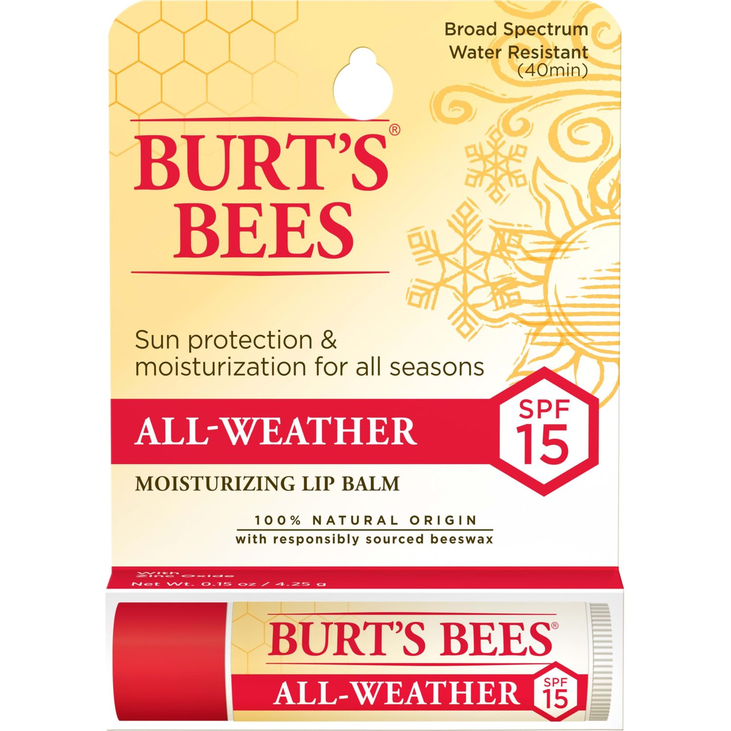 Burt&#39;s Bees All Weather SPF 15 Lip Balm, Water-Resistant Lip Moisturizer, Tint-Free, Natural Conditioning Lip Treatment, 1 Tube, 0.15 oz.