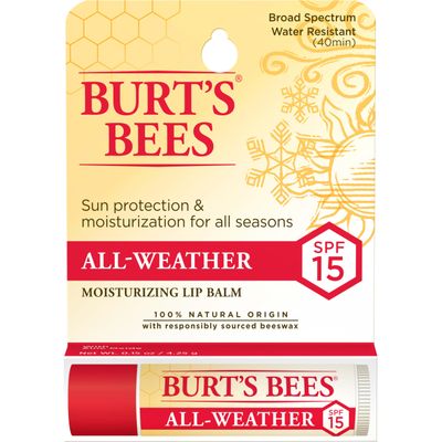 Burt&#39;s Bees All Weather SPF 15 Lip Balm, Water-Resistant Lip Moisturizer, Tint-Free, Natural Conditioning Lip Treatment, 1 Tube, 0.15 oz.