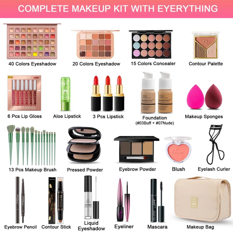 All in One Makeup Kit for Women Full Kit, Professional Travel Makeup Kit for Women &amp; Teens, Foundation Eyeshadow Lipstick Brow Pencil Eyeliner Contour Powder, Complete Make Up Gift Set for Beginners