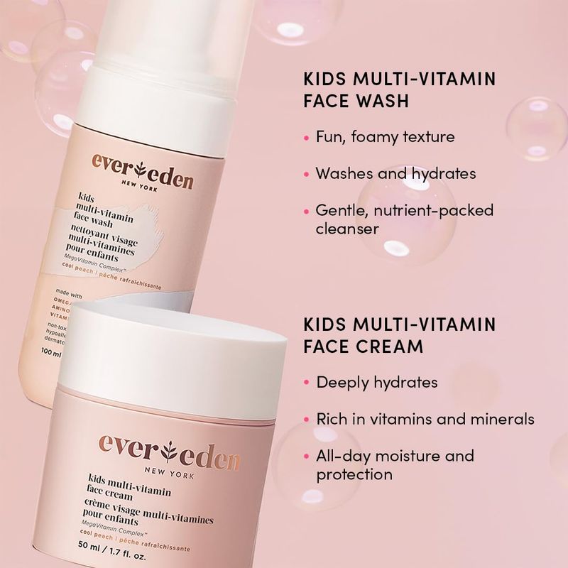 Evereden Kids Happy Face Duo (Cool Peach) - Multi-Vitamin Kids Face Wash &amp; Kids Face Cream Set - Clean &amp; Vegan Skin Care for Kids 3+ - Moisturizing, Nourishing, &amp; Protective Kids Skin Care Set