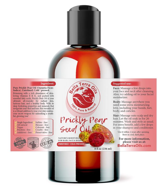 Bella Terra Oils - Prickly Pear Seed Oil 8 oz - The Symmetry of Cactus Extract &amp; Barbary Fig, Overflowing with Vitamin B &amp; Zinc, A Precious Skin Delight