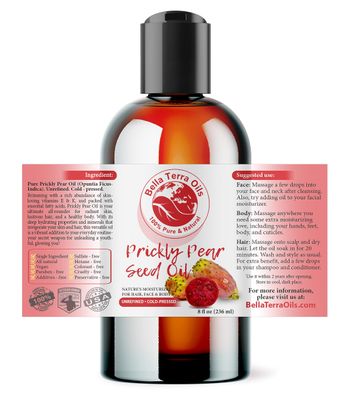 Bella Terra Oils - Prickly Pear Seed Oil 8 oz - The Symmetry of Cactus Extract &amp; Barbary Fig, Overflowing with Vitamin B &amp; Zinc, A Precious Skin Delight