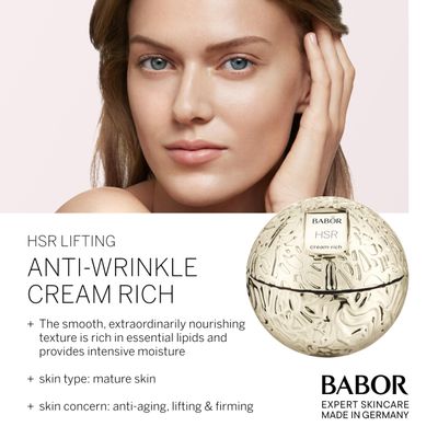 BABOR HSR Lifting Anti Wrinkle Cream Rich, Anti Aging Night Cream, Target Fine Lines, Vitamin E Strengthens Increasing Moisture and Improving Radiance, Daily Moisturizer for Smoother Skin, 1.7 oz