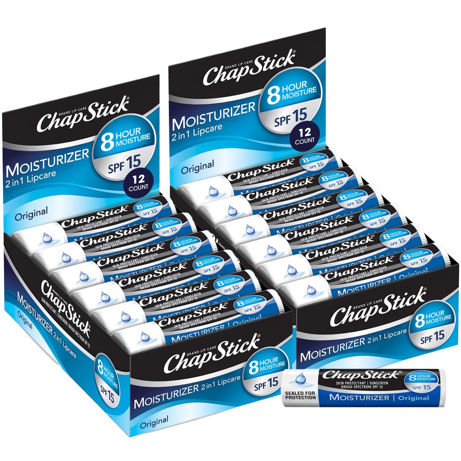ChapStick Bulk SPF Lip Balm 24-Count -Original 2-in-1 Lipcare with SPF 15, Ultra Hydrating Formula with Aloe Vera and Vitamin E, 0.15 Oz Ea