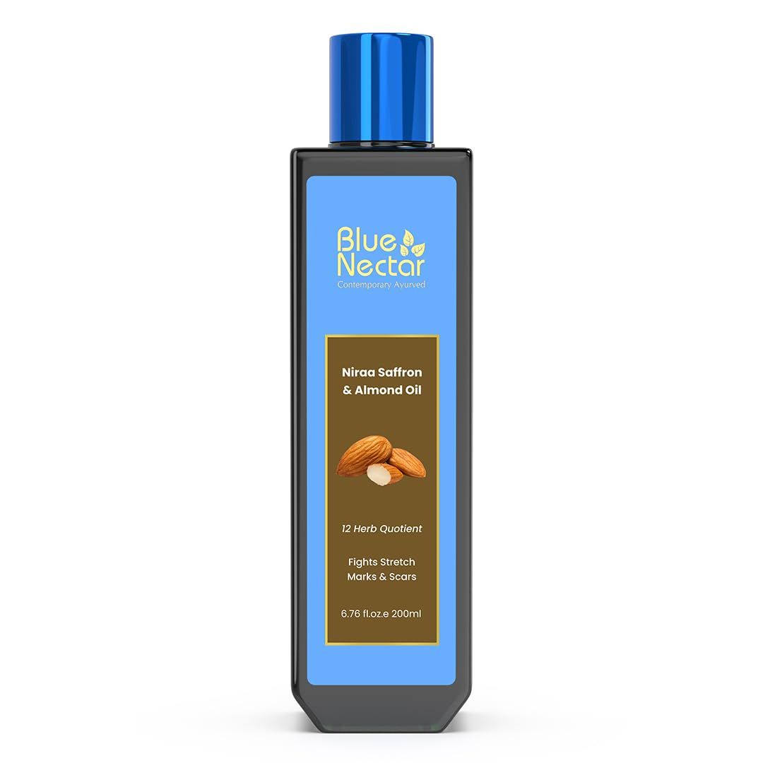 Blue Nectar Saffron &amp; Almond Oil | Fights Stretch Marks | Moisturizes &amp; Nourishes Skin | for All Skin Types (12 Herbs, 6.76 Fl Oz)
