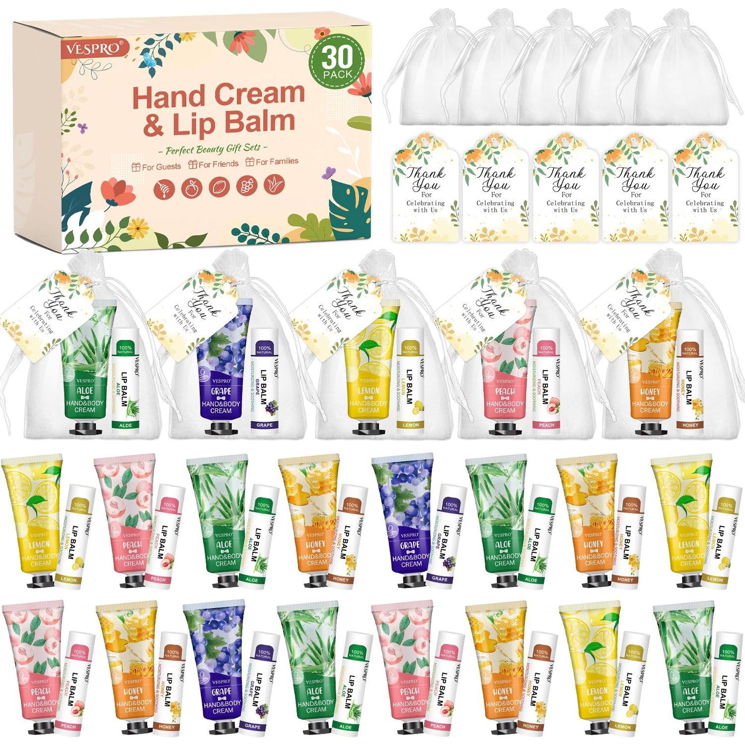 30 Sets Bulk Hand Lotion and Bulk Lip Balm Gifts, Teacher Appreciation Gifts and Bridal Shower Favors for Guests with Thank You Card and Organza Gift Bags, Mothers Day Gifts for Mom
