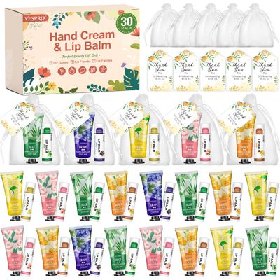 30 Sets Bulk Hand Lotion and Bulk Lip Balm Gifts, Teacher Appreciation Gifts and Bridal Shower Favors for Guests with Thank You Card and Organza Gift Bags, Mothers Day Gifts for Mom