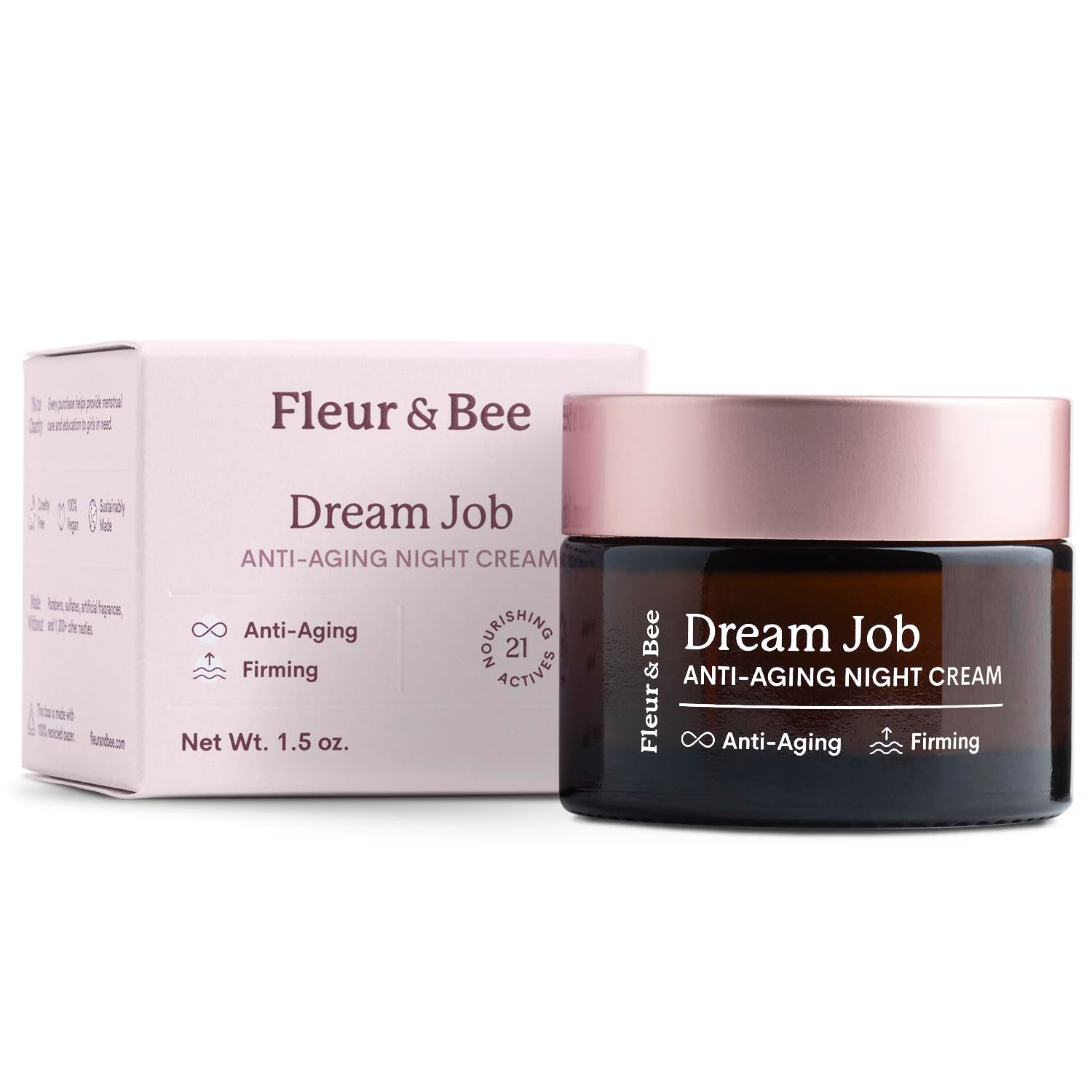 FLEUR &amp; BEE Anti Aging Night Cream | Clean, 100% Vegan | Overnight Repair Face Cream to Reduce Fine Lines and Wrinkles | Dream Job 1.5 oz