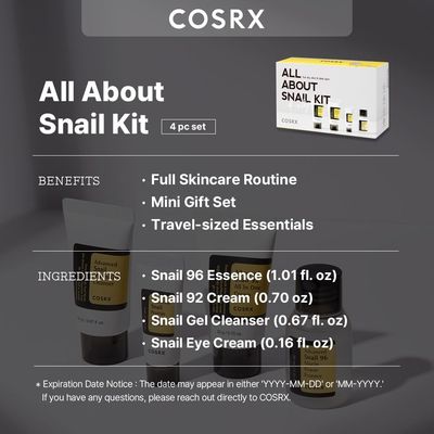 COSRX All About Snail Mucin Korean Skin Care Set, Mini Travel Essentials, Travel Size Gift Set with Snail Mucin Face Wash, Serum, Moisturizer &amp; Eye Cream, Rejuvenating Kit