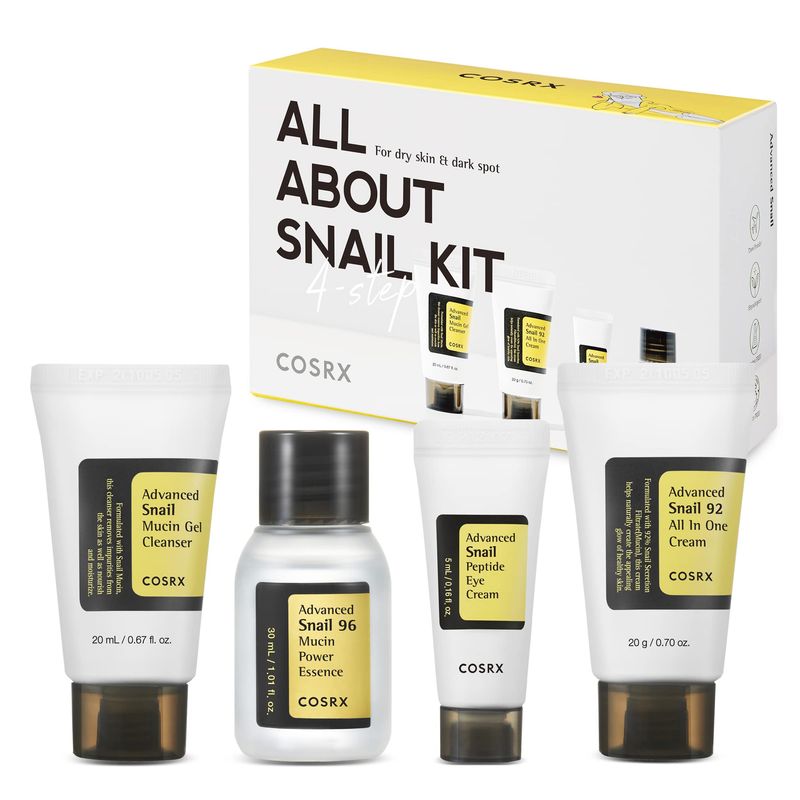COSRX All About Snail Mucin Korean Skin Care Set, Mini Travel Essentials, Travel Size Gift Set with Snail Mucin Face Wash, Serum, Moisturizer &amp; Eye Cream, Rejuvenating Kit