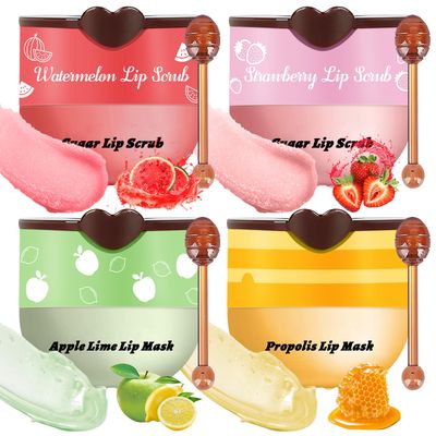 4 Pcs Bee Lip Balm Honey Pot Lip Mask &amp; Lip Scrub Set, Honey Strawberry Watermelon Apple Lime Lip Mask Overnight, Moisturizing Sleeping Lip Mask, Hydrate Repair Prevent Dry Cracked Lip Care