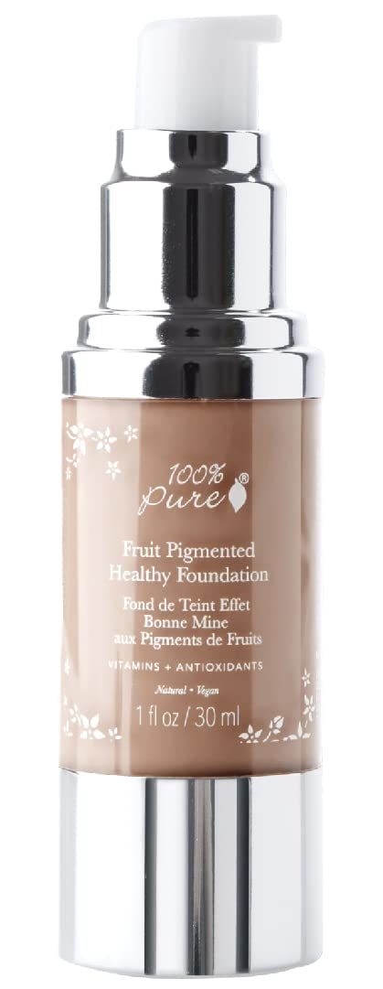 100% PURE Healthy Foundation Full Face Coverage Makeup, Liquid Matte Finish with Anti-Aging Benefits - Vegan Gorgeous Fruit Pigmented Toffee Color (Tan with Neutral Undertone) - 1 Fl Oz