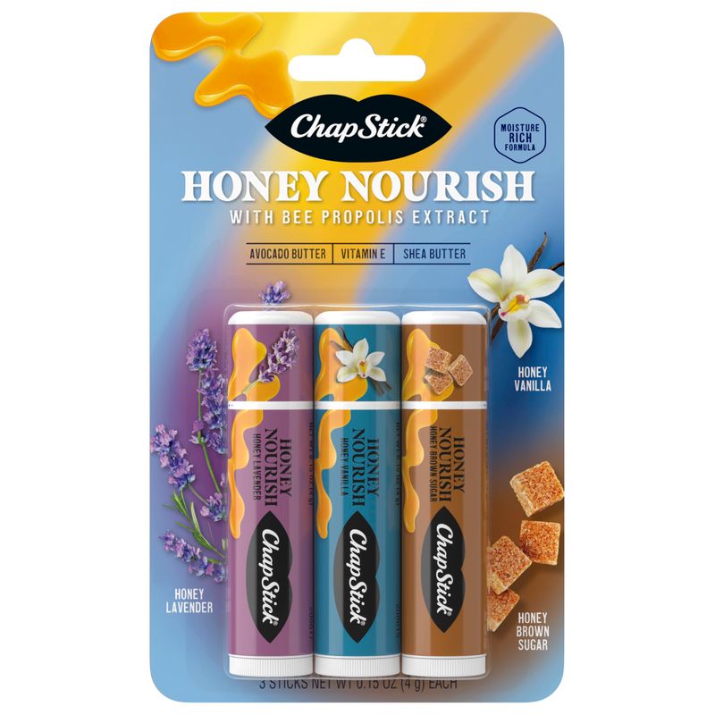 ChapStick Lip Balm Honey Nourish, Moisturizing Fomula with Shea Butter and Avocado Butter, Vitamin E, Flavors Honey Lavender, Honey Vanilla, Honey Brown Sugar, 3CT BC .45OZ