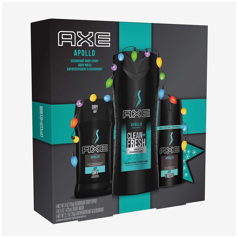 AXE Apollo Gift Set With Body Spray, Antiperspirant &amp; Deodorant Stick and Body Wash for Grooming for Holiday 3 count
