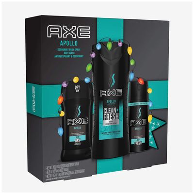 AXE Apollo Gift Set With Body Spray, Antiperspirant &amp; Deodorant Stick and Body Wash for Grooming for Holiday 3 count