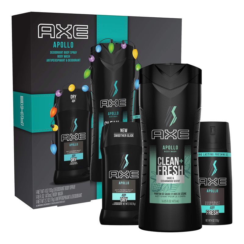 AXE Apollo Gift Set With Body Spray, Antiperspirant &amp; Deodorant Stick and Body Wash for Grooming for Holiday 3 count