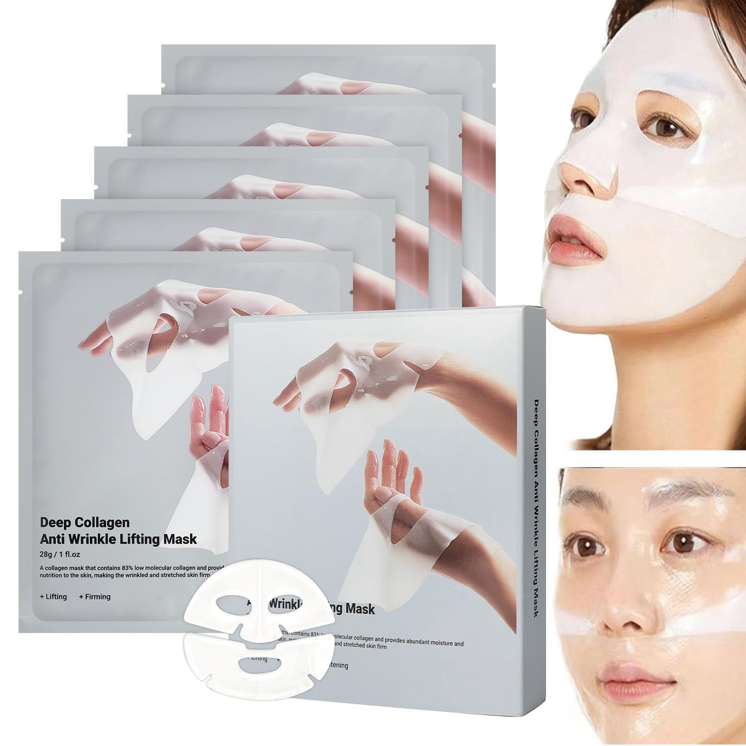 Deep Collagen Anti Wrinkle Lifting Mask,Facial Sheet Masks,Collagen Face Mask Overnight,Collagen Real Deep Mask for Lifting,Firming,Moisturizing(1 Box/5pcs)