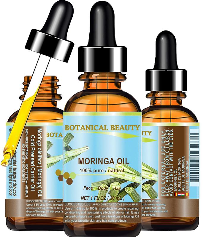 Botanical Beauty Moringa Oil 100% Pure Natural Undiluted Cold Pressed Carrier Oil. 1 Fl.oz.- 30 ml. for Face Skin, Hair, Lips, Nails. Rich in Vitamin C, Vitamin E