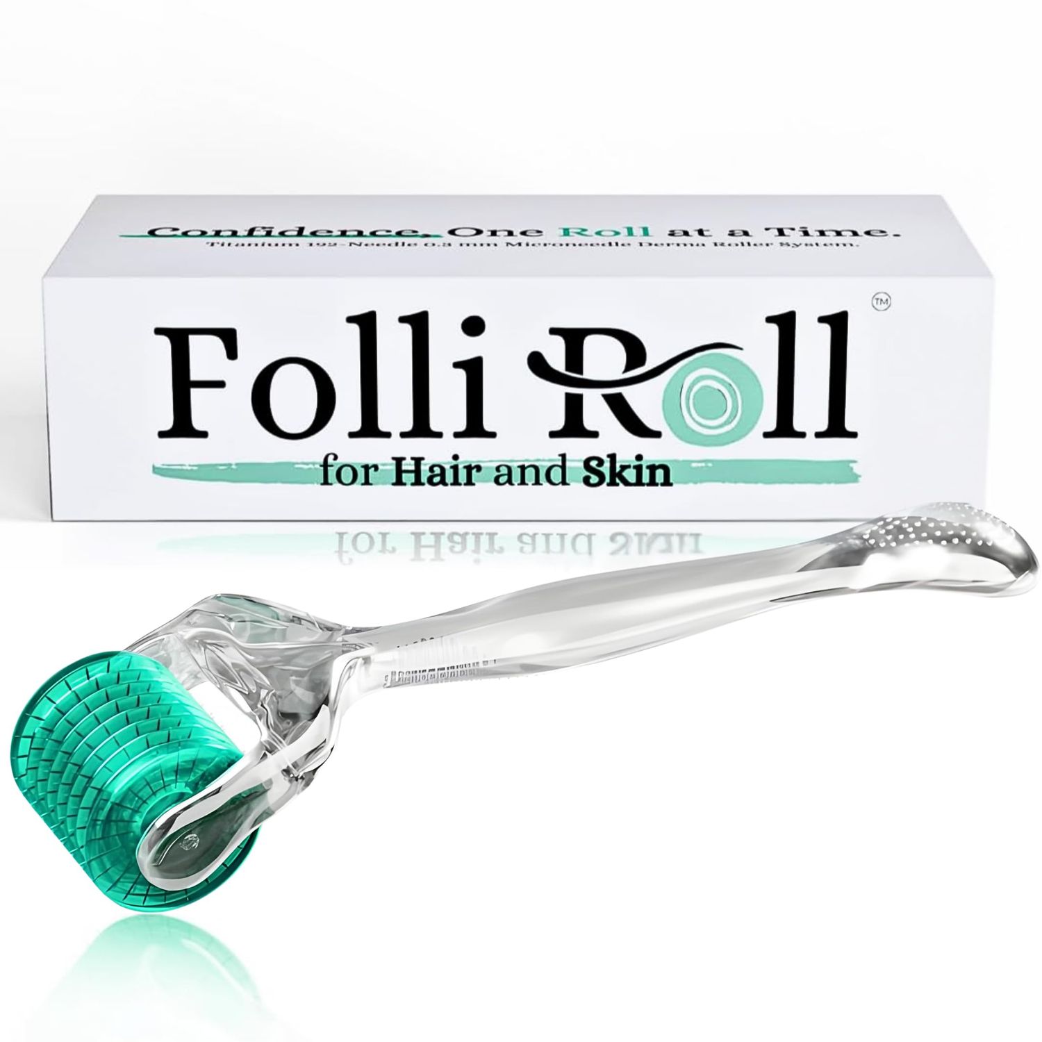 FolliRoll Derma Roller for HAIR and SKIN - for Face and Scalp Derma Stamp, 192 Titanium Individual Microneedles | FREE Storage Case | for Men and Women (Green, 0.30mm)