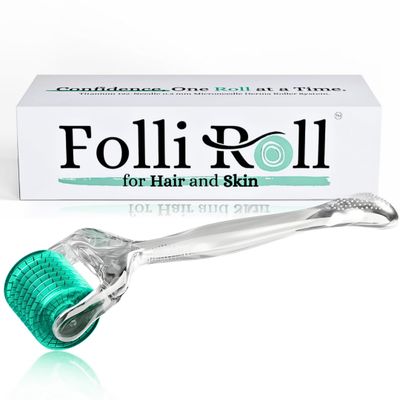 FolliRoll Derma Roller for HAIR and SKIN - for Face and Scalp Derma Stamp, 192 Titanium Individual Microneedles | FREE Storage Case | for Men and Women (Green, 0.30mm)