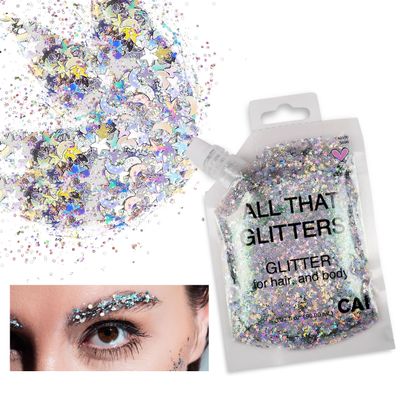 Body Glitter Gel- Face, Body &amp; Hair (5 Pk Unicorn) Chunky Iridescent Holograph Stars &amp; Moon, 3 oz | Cosmetic-Grade Makeup, Apply Without Glue, Easy to Take Off &amp; Keep Skin Cleanat Raves