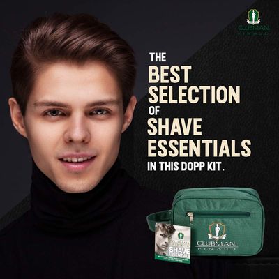 Clubman pinaud shave essentials set, dopp kit with whiskey woods after shave, shave soap, and shave brush