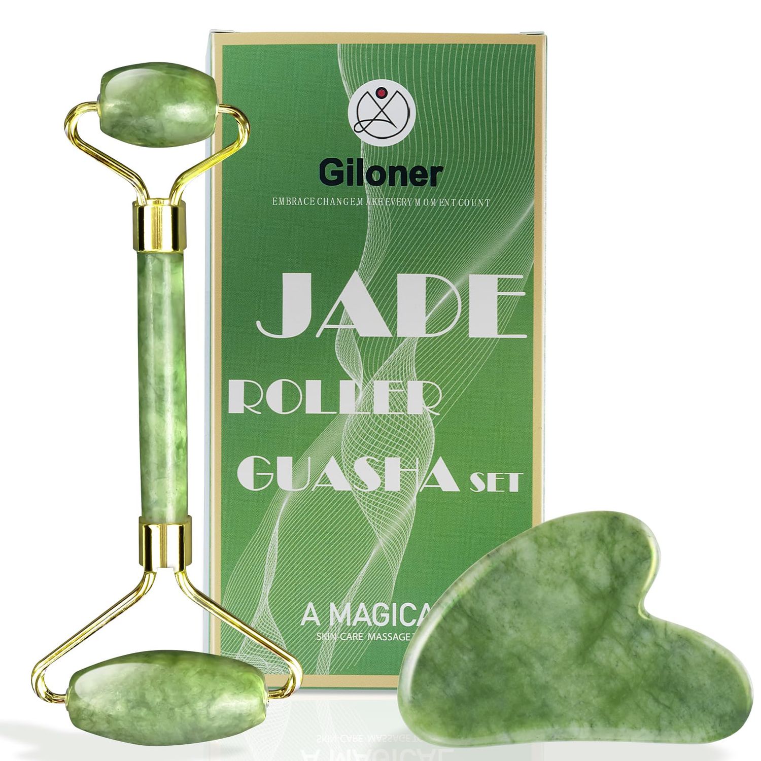 Giloner Guasha Tool for Face &amp; Jade Roller for Face,Gua Sha Facial Tools for Reduce Puffiness and Improve Wrinkles,Green Jade Roller and Gua Sha Set Self Care Gifts for Women