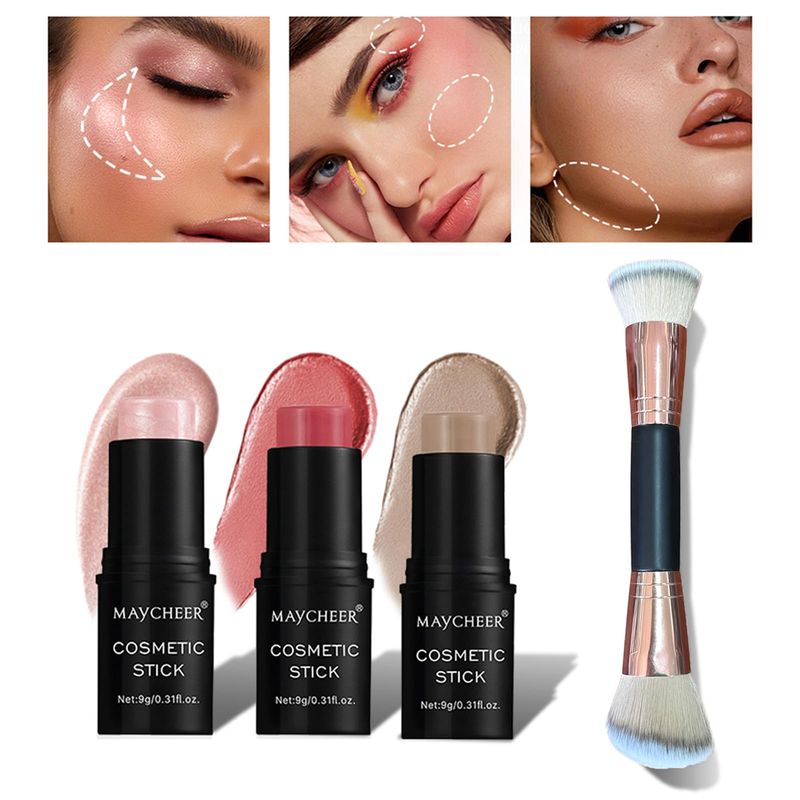 Contour Stick Makeup Set, 2024 New Face Stick Cream Blush, Bronzer Stick, Highlighter Stick for Face with Makeup Brush, Long Lasting &amp; Natural Matte Contour Sticks for Beginner, 3 Colors #02, 04, 06
