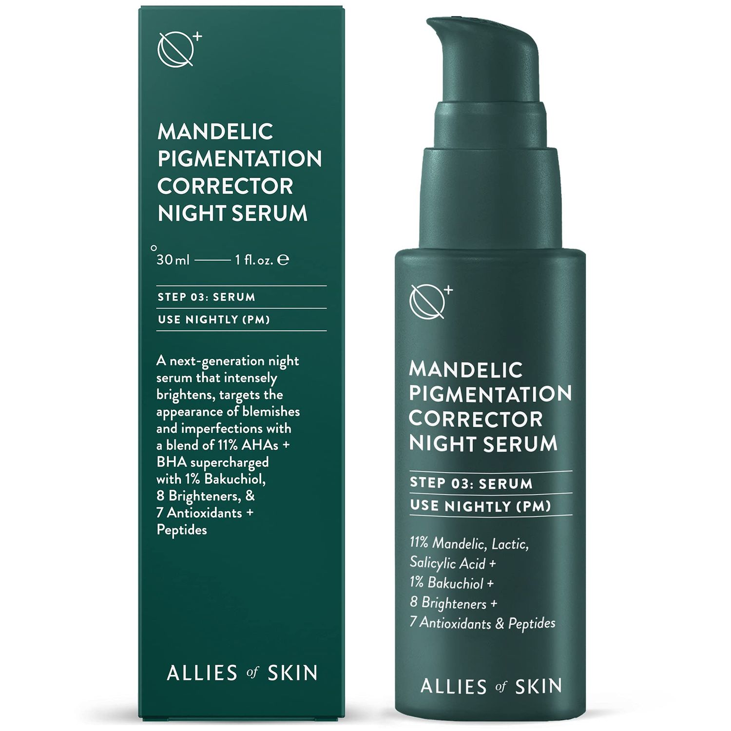 Allies of Skin Mandelic Pigmentation Corrector Night Serum: Mandelic, Lactic &amp; Salicylic Acid, Hyaluronic Acid, Niacinamide, Bakuchiol, Rosehip &amp; Tamanu Oils. Exfoliate &amp; Target Uneven Skin Tone 1 oz