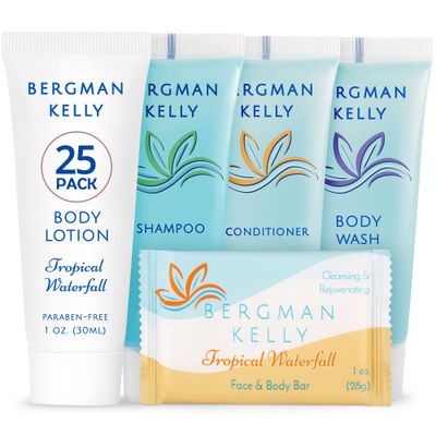BERGMAN KELLY Hotel Toiletries Bundle (Tropical Waterfall, 1 oz each, 125 Pieces) 5-Piece Set: 25 ea Rectangular Bar Soap, Shampoo, Conditioner, Body Lotion &amp; Body Wash; Bulk Mini Guest Amenities