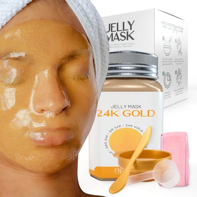 BRUN Peel-Off 24K Gold Jelly Mask for Face Care - A 23 fl oz Rubber Mask Jar for 30 to 35 Treatments - A Skin Care Moisturizing Gel Mask of Spa Set for Men, Women and Adults