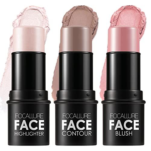FOCALLURE 3 Pcs Cream Contour Sticks,Shades with Highlighter &amp; Bronzer &amp; Blush,Non-greasy Long-wear Face Contouring Pen,Easy to Sculpt the Face and Create a Lightweight Finishing Makeup,FAIR-LIGHT