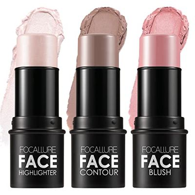 FOCALLURE 3 Pcs Cream Contour Sticks,Shades with Highlighter &amp; Bronzer &amp; Blush,Non-greasy Long-wear Face Contouring Pen,Easy to Sculpt the Face and Create a Lightweight Finishing Makeup,FAIR-LIGHT